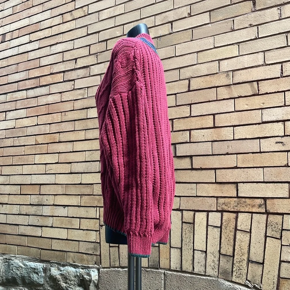 Vintage Bugle Boy v neck burgundy chunky cable knit sweater Size Extra Large